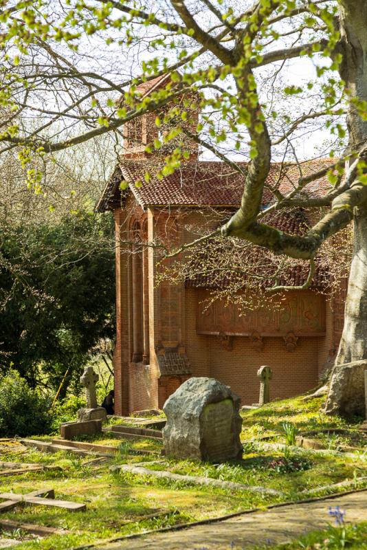 Exterior view of chapel, seen from higher footpath.